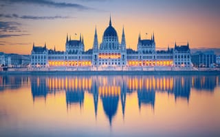 Картинка Венгрия, Будапешт, парламент, город, утро, отражение