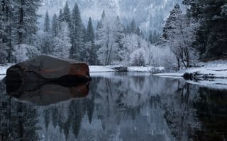 Картинка США, штат, национальный парк, Калифорния, лес, зима, озеро, Йосемити, камень
