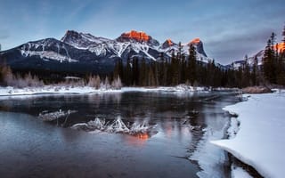 Картинка Канада, снег, Альберта, свет, лёд, река, гора, зима