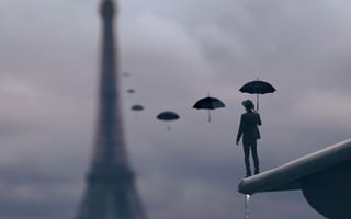 Картинка мужчина, крыша, зонт, капли, дождь, Париж