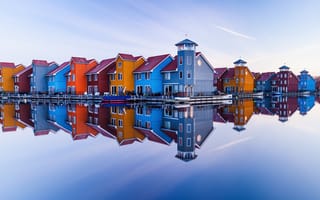 Картинка Нидерланды, вода, небо, отражения, Гронинген, дома, город