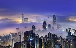 Картинка КНР, небо, Hong Kong, утро, город, Март, Victoria Harbour, весна, море облаков, Китай, Гонконг