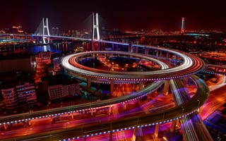 Картинка Китай, город, выдержка, огни, мост, ночь, Nanpu Bridge, Шанхай