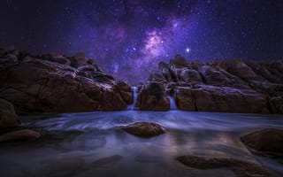Картинка Западная Австралия, млечный путь, ночь, океан, звезды, камни, скалы, небо, природа