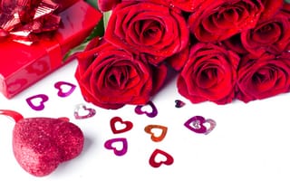 Картинка цветы, красные, gift box, romantic, flowers, букет, сердечки, розы, love, red, roses, hearts, valentine's day, подарок