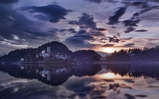 Картинка Словения, дома, вода, Бледское озере, утро
