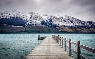 Картинка Новая Зеландия, гроза, Гленорчи, серые облака, причал, мол, горы, озеро
