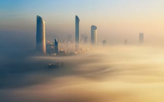 Картинка ОАЭ, золотой, город, утро, Дубай, Dubai, туман
