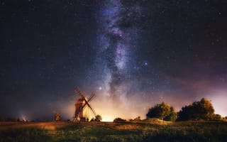 Картинка Швеция, Эланд, остров, звезды, ветряные мельницы, млечный путь, ночь, небо