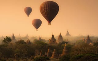 Картинка Мьянма, небо, древняя столица, храмы, пагоды, воздушные шары, Паган