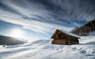 Картинка горы, дом, небо, снег