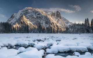 Картинка зима, снег, Yosemite National Park, горы, Национальный парк Йосемити, Калифорния, California, Sierra Nevada, лес, Сьерра-Невада