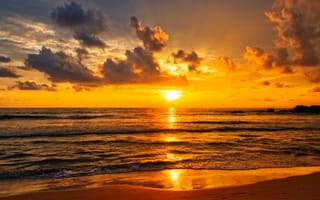Картинка закат, волна, зеркало, отражение, пляж, оранжевое небо, облака