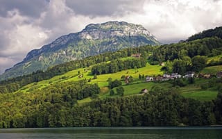 Картинка Швейцария, склон, Lake Lucerne, дома, горы, зелень, озеро, деревья