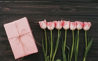 Картинка цветы, подарок, букет, тюльпаны, wood, pink, flowers, розовые