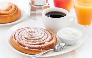 Картинка breakfast, завтрак, coffee, сок, кофе, булочка, cup, сливки