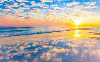 Картинка закат, волны, море, зеркало, облака, отражение, пляж