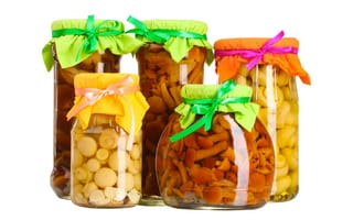 Картинка грибы, банка, соленое, маринованные, белый, разноцветные, ленточка