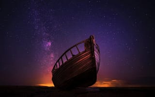 Картинка небо, звезды, лодка, зарево