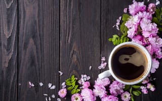 Картинка цветы, розовые, coffee cup, чашка кофе, flowers, wood, blossom, pink