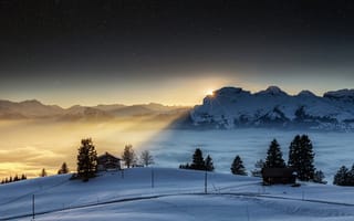 Картинка Швейцария, вечер, ночь, горы, Альпы, звезды, снег, зима, солнце, небо