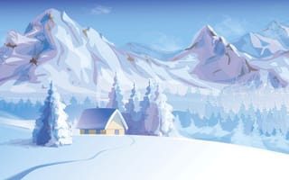 Картинка пейзаж, горы, дом, вектор, деревья, зима, снег, природа