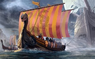 Картинка Драккар, небо, мореходы, «корабль-дракон», море, волны, викинги