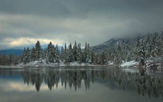 Картинка ёлки, озеро, деревья, зима, лес, отражение, горы, ель, снег