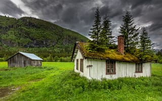 Картинка Hemsedal, мох, деревья, крыша, house, природа, Norway, Norvège, дом, горы