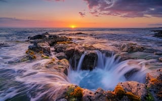Картинка Гавайи, океан, небо, потоки, волны, камни, выдержка