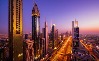 Картинка ОАЭ, город, Дубай, выдержка, вечер, огни, Автомагистраль имени шейха Заеда, Dubai, дома