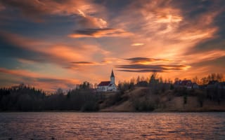 Картинка небо, река, Norway, Ole Henrik Skjelstad, Норвегия, дома, вечер