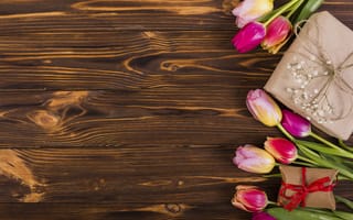 Картинка цветы, colorful, pink, flowers, tulips, розовые, wood, тюльпаны