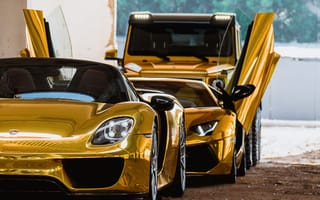 Картинка Porsche 918, Lamborghini Aventador, Mercedes 6x6, Golden