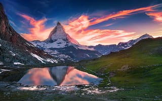 Картинка Switzerland, гора, рассвет, озеро, Matterhorn