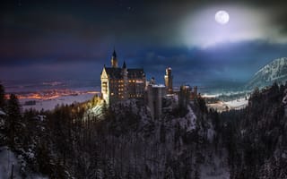 Картинка юг Германии, ночь, луна, Замок Нойшванштайн, юго-западная Бавария