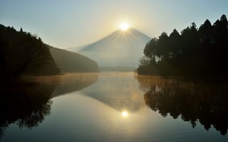 Картинка Япония, деревья, природа, солнце, гора Фудзияма, озеро