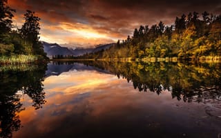 Картинка Новая Зеландия, Lake Matheson, озеро, лес, утро, горы, Южный остров, Национальный парк Вестленд, Ледник Фокса, отражения