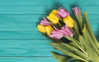 Картинка цветы, желтые, yellow, wood, pink, spring, flowers, розовые, tulips, colorful, тюльпаны