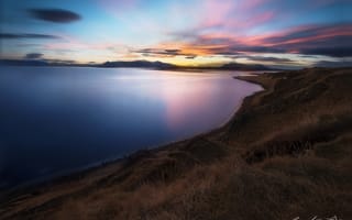 Картинка Исландия, гладь, выдержка, облака, небо, утро, склоны, берег, море, пляж