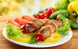 Картинка meat, tomato, зелень, pepper, помидоры, мясо, овощи, vegetables, перец, шашлык