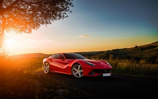 Картинка Ferrari, F12, Supercar, Africa, South, Red, Sky, Sunset, Front, Ligth, Berlinetta