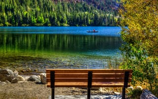Картинка June Lake, Калифорния, озеро, лодка, берег, США, деревья, камни, скамейка, лес
