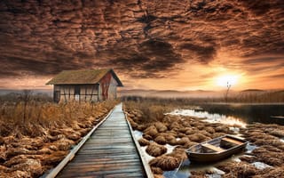 Картинка закат, болото, мост, лодка, монтаж, дом