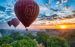 Картинка Bagan, Бирма, небо, воздушные шары, Мьянма, Burma, Паган, Myanmar, закат, панорама