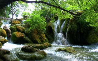Картинка Водопады, листья, Хорватия, мох, Плитвицкие озера, ветки, зелень, камни