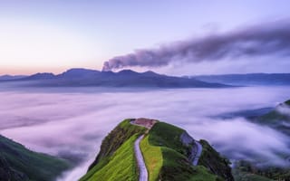 Картинка Япония, дорога, утро, горы, вулкан