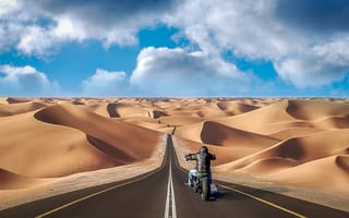 Картинка photographer, путь, барханы, дорога, фотошоп, песок, холмы, photo, мотоцикл, Andrés Nieto Porras, мотоциклист, пустыня, коллаж