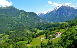 Картинка Швейцария, домики, горы, леса, долина, поля, деревья, Rueggisberg, зелень