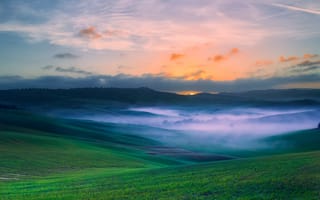 Картинка Италия, поле, туман, Тоскана, долина